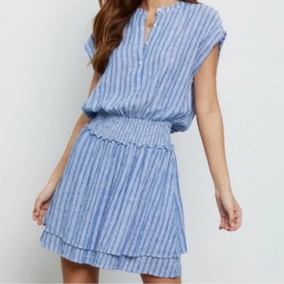 Rails Angelina Linen Rayon Cascade Pin Striped Smocked Waist Mini Dress NWOT - Picture 2 of 16